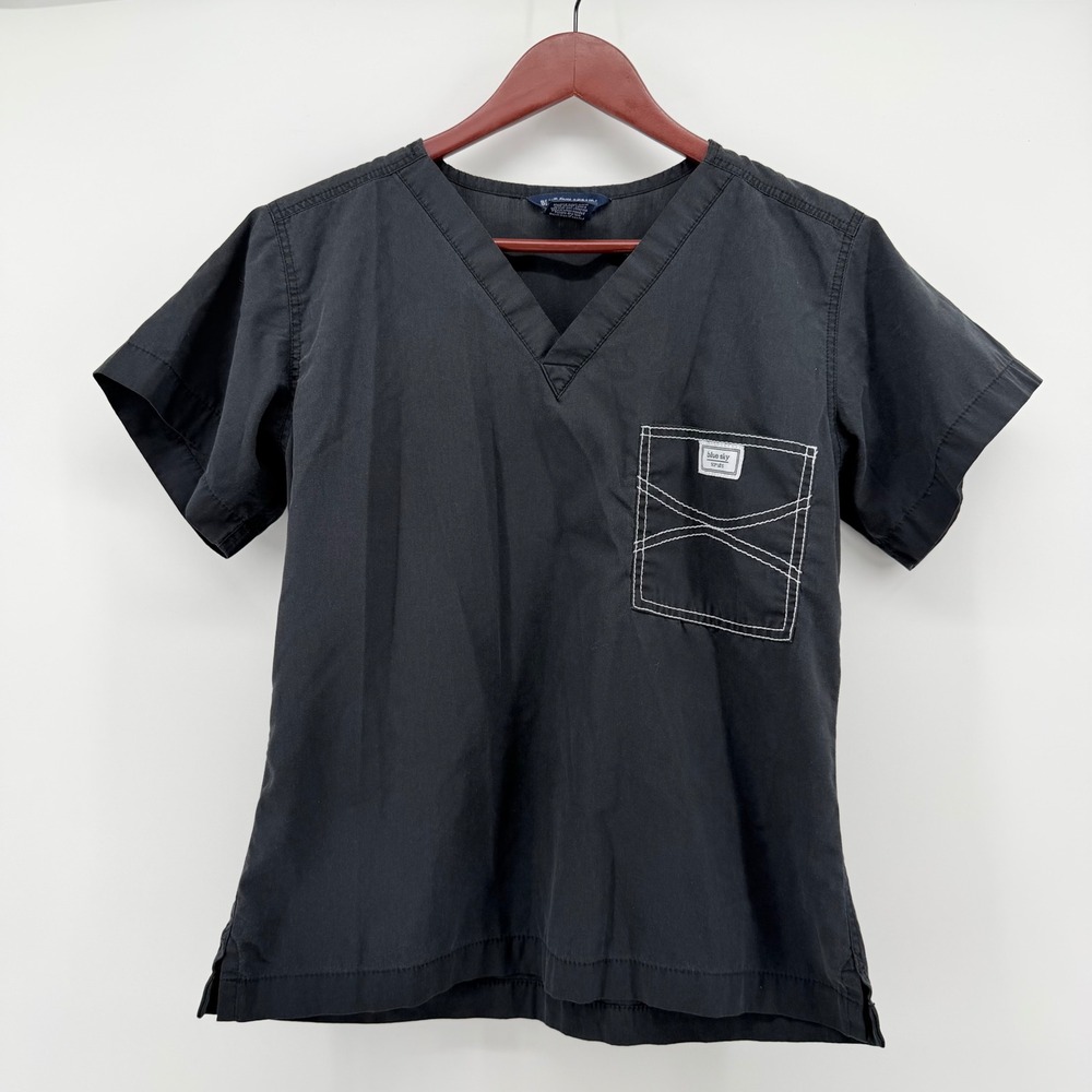 Blue Sky Scrubs Women XS Scrub Top Black Skinny Scrubs V-Neck Contrast Stitch